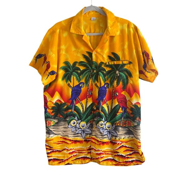 Hawaiian Shirt Macaw Parrot  Palm Trees Surfboards Floral Jungle button Shirt - Picture 1 of 15